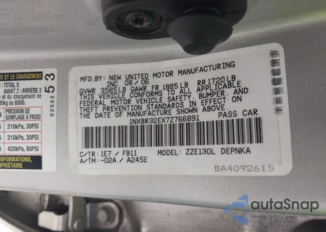 2007 Toyota Corolla Le z USA, uszkodzony, nr VIN 1NXBR32EX7Z766891